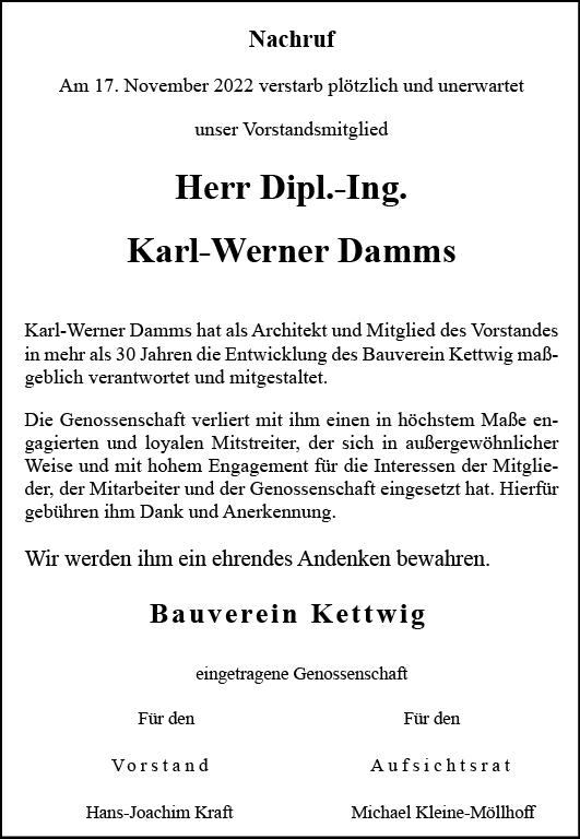 Nachruf zum Tod von Karl-Werner Damms