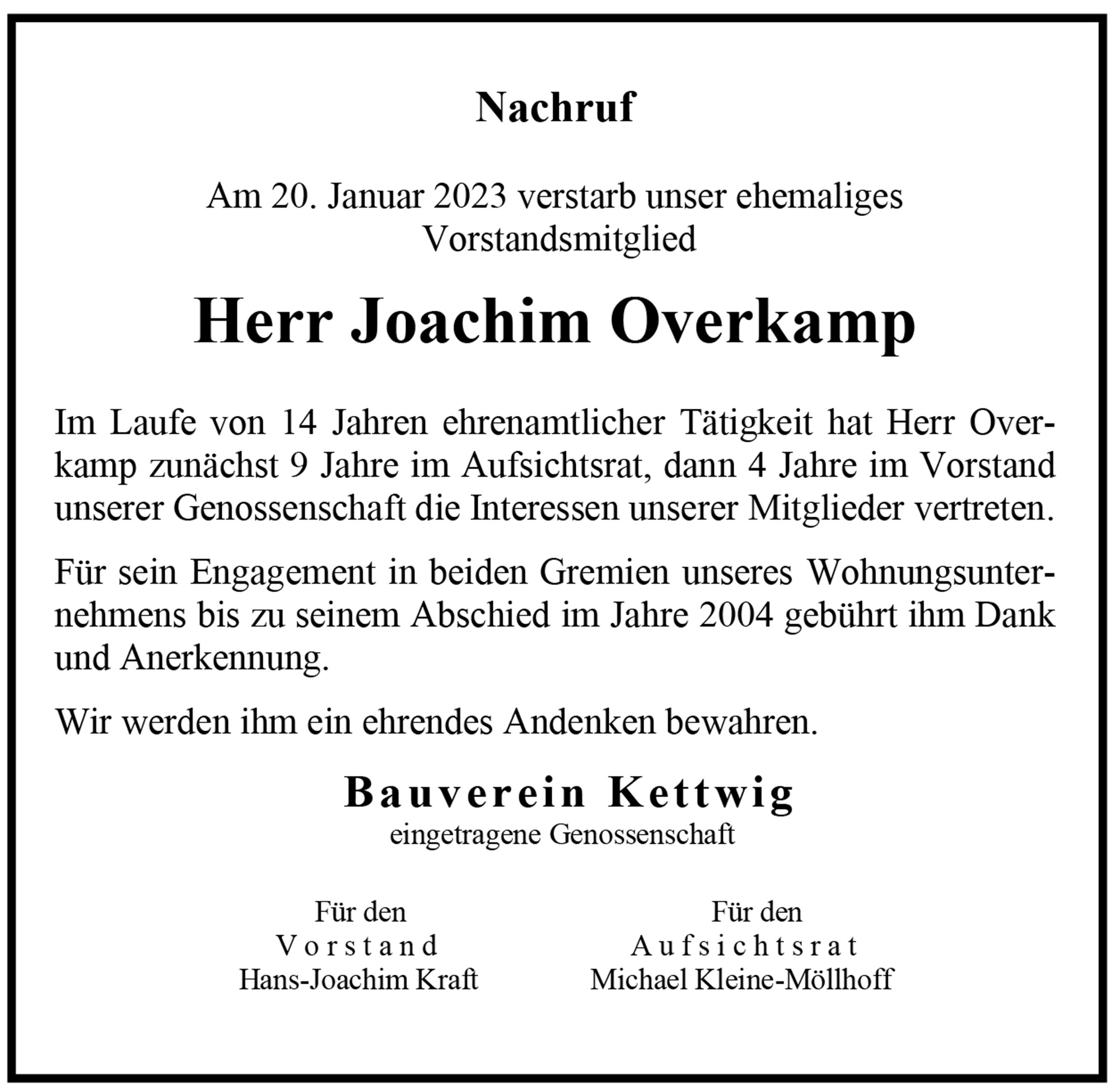 Nachruf zum Tod von Joachim Overkamp